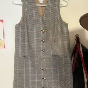 Anthropologie Brown Plaid Sleeveless Midi Dress with Gold Buttons